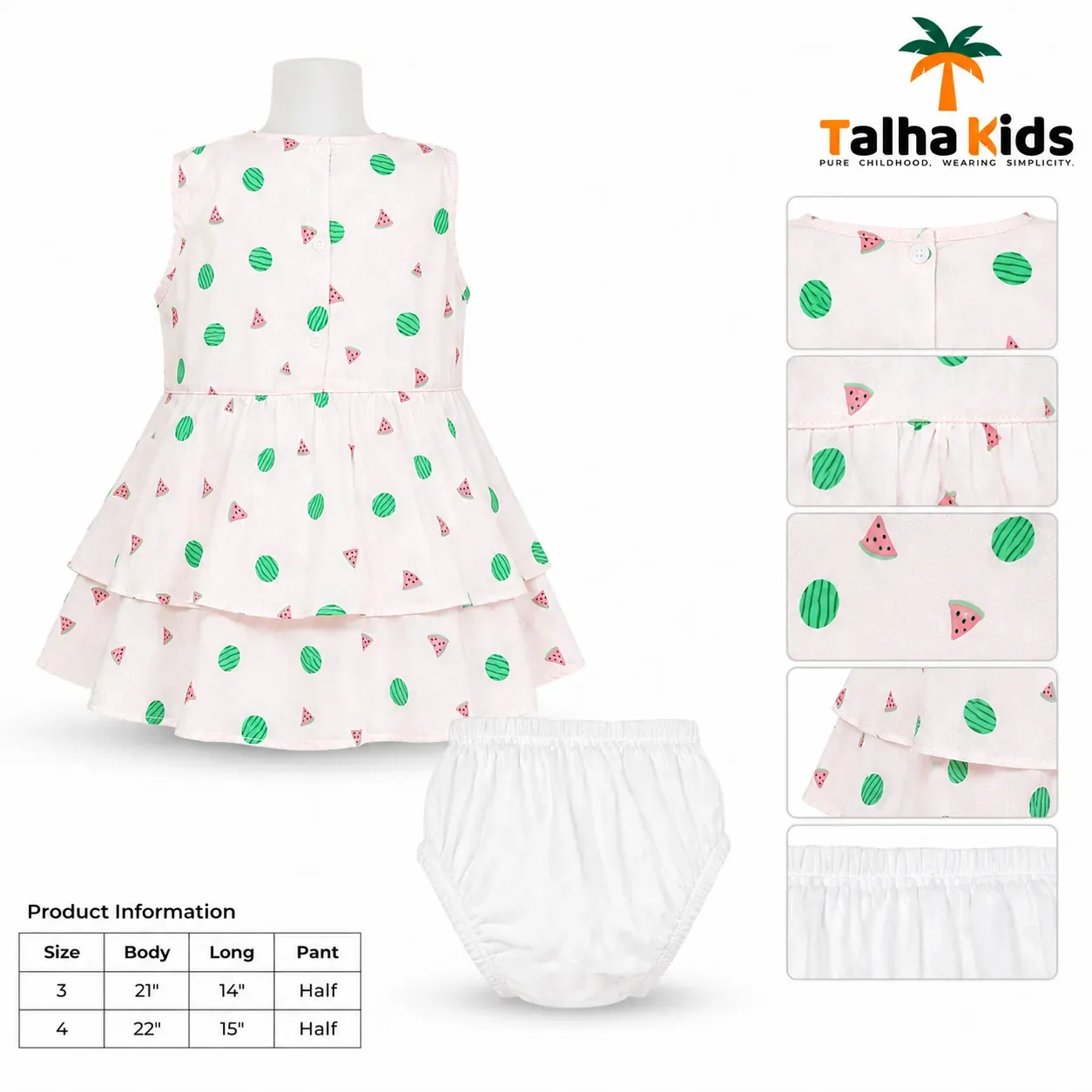 Girls Sleeveless Watermelon Print Frock with Matching White Bloomer