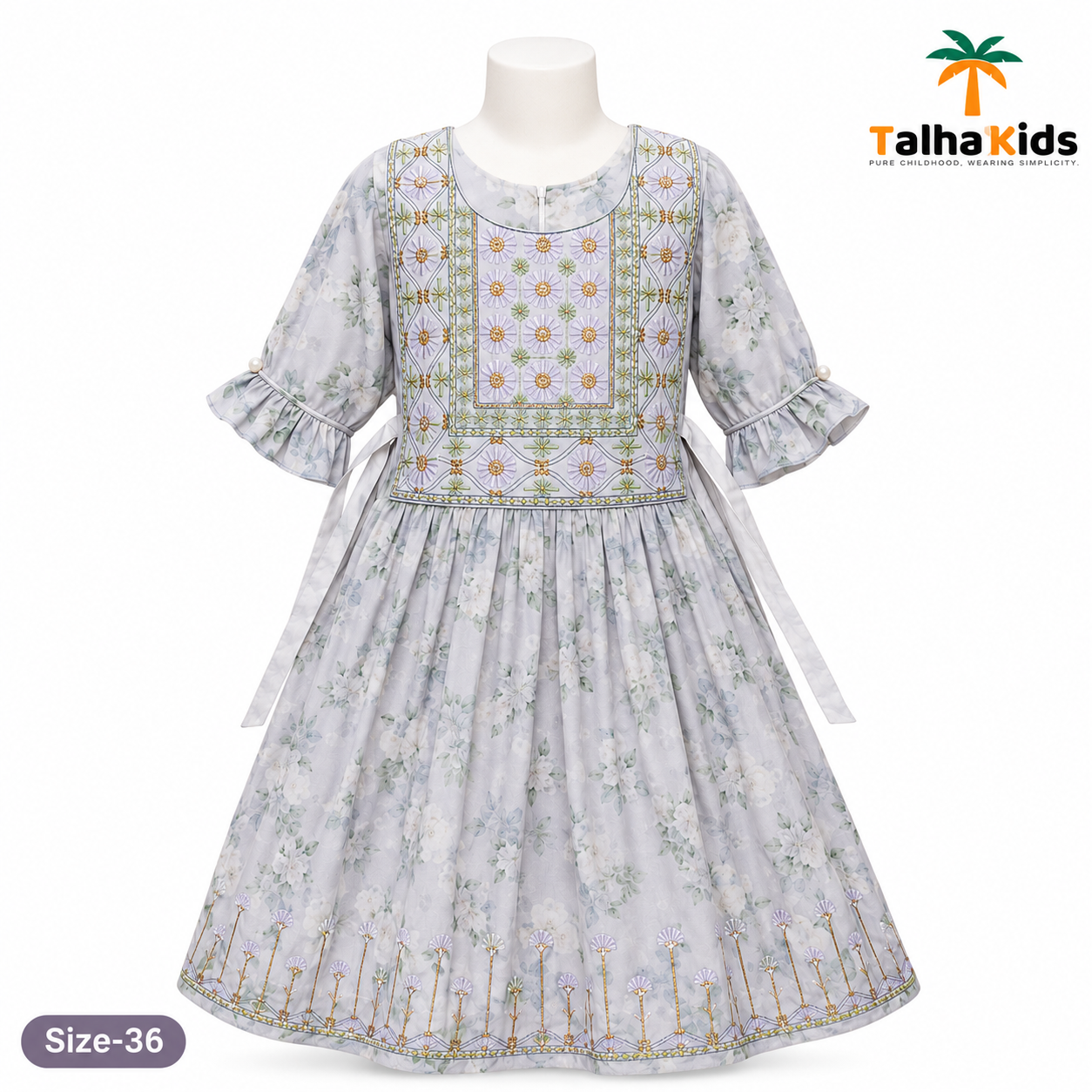 Alam's Girls Floral Printed Embroidered Frock with Sequins