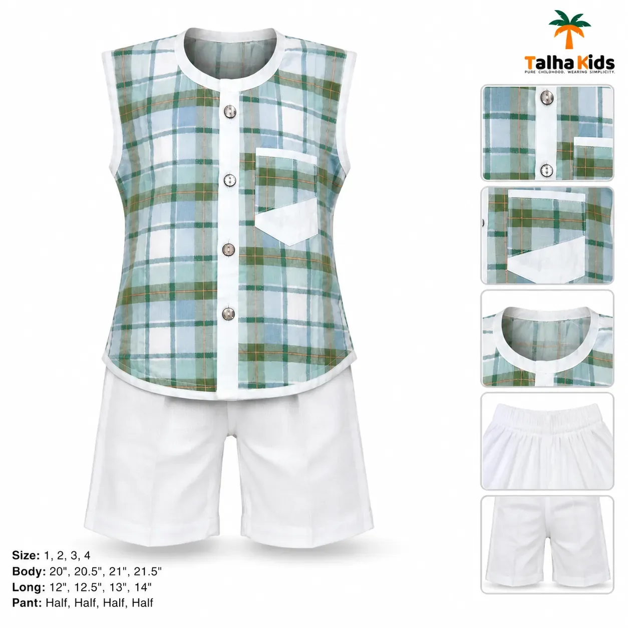 Boys’ Mint Green & Sky Blue Plaid Sleeveless Fotua Set with White Half Pant