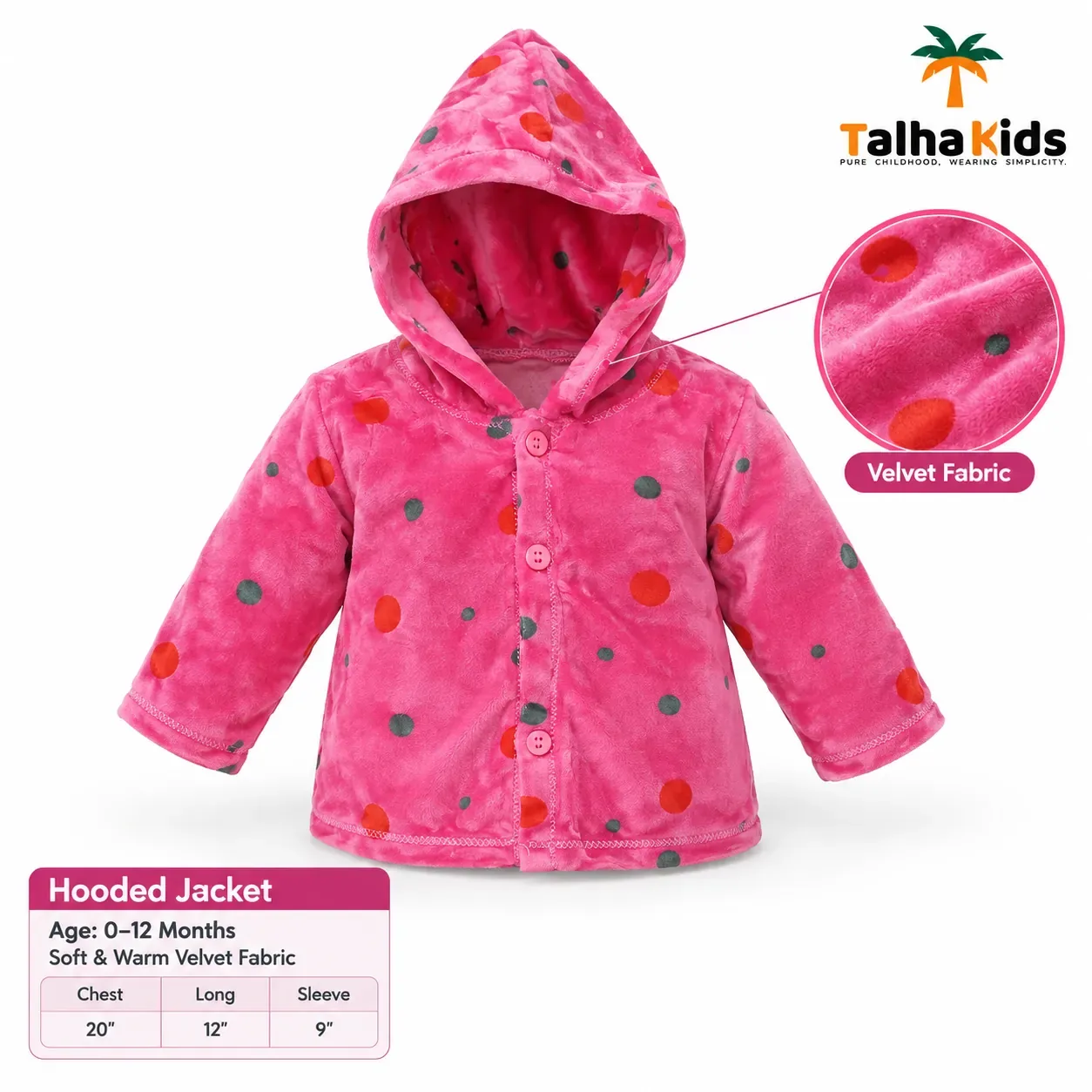 Talha Kids Baby Hooded Velvet Jacket – Polka Dot Print – 0–12 Months