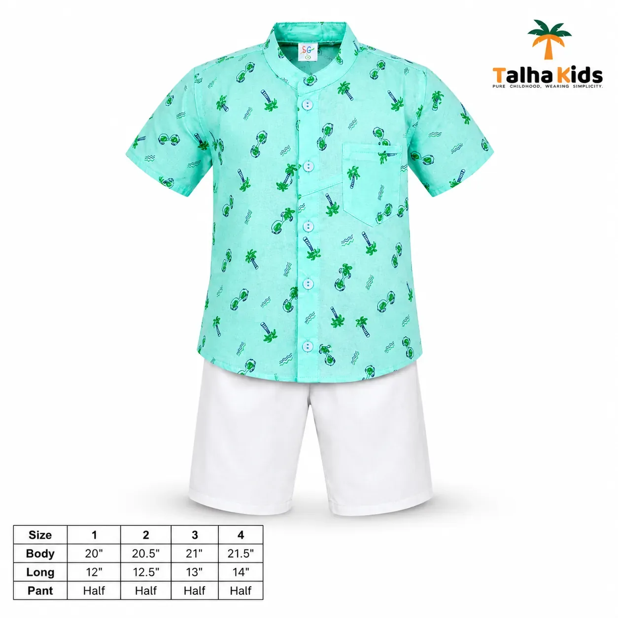 Boys’ Half-Sleeve Fotua Set – Printed Fotua with White Half Pant