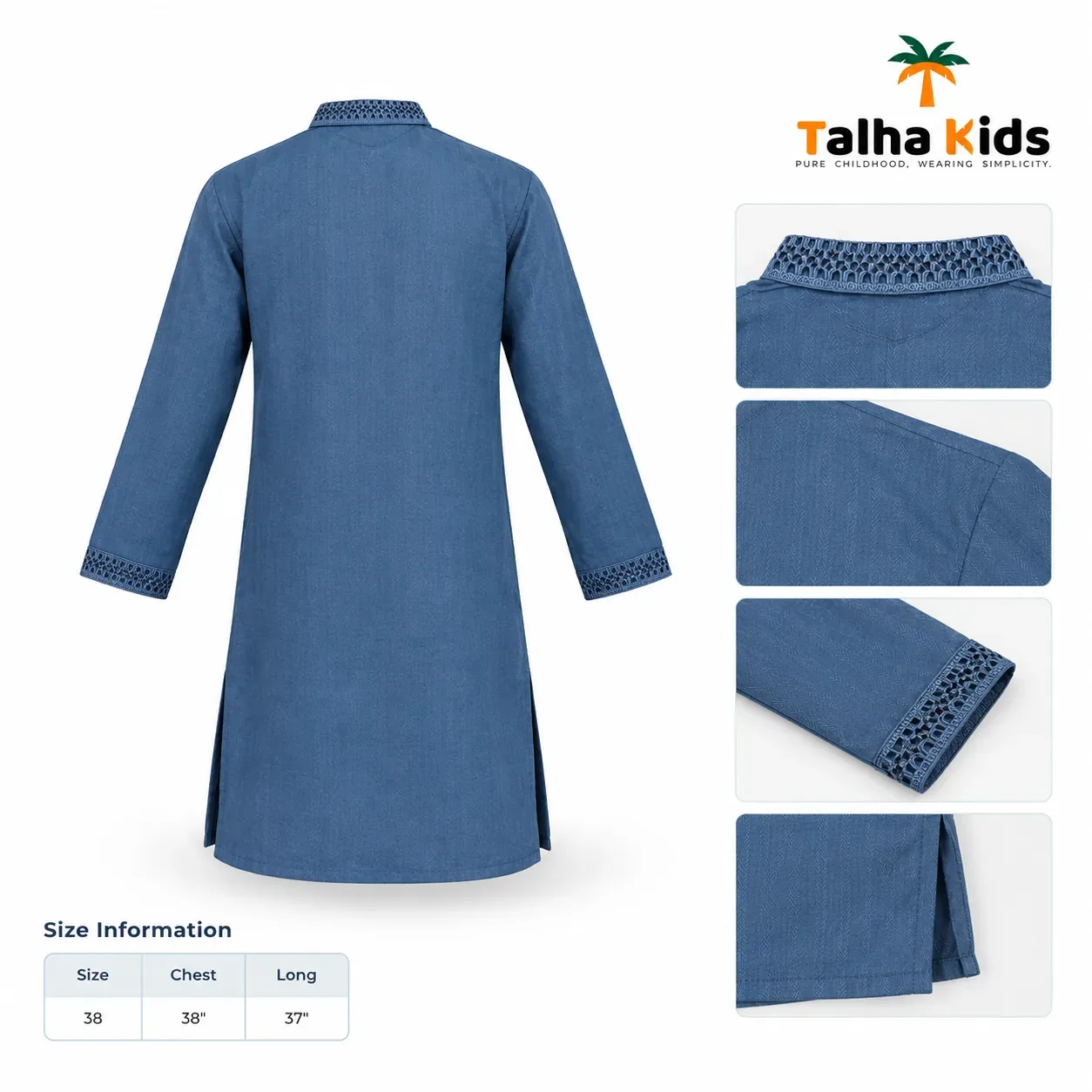 Talha Kids Panjabi – Blue with Decorative Collar & Placket Detail