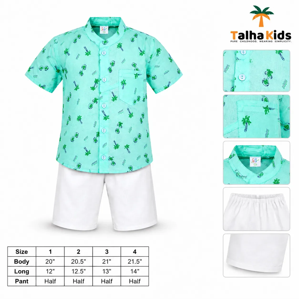 Boys’ Half-Sleeve Fotua Set – Printed Fotua with White Half Pant