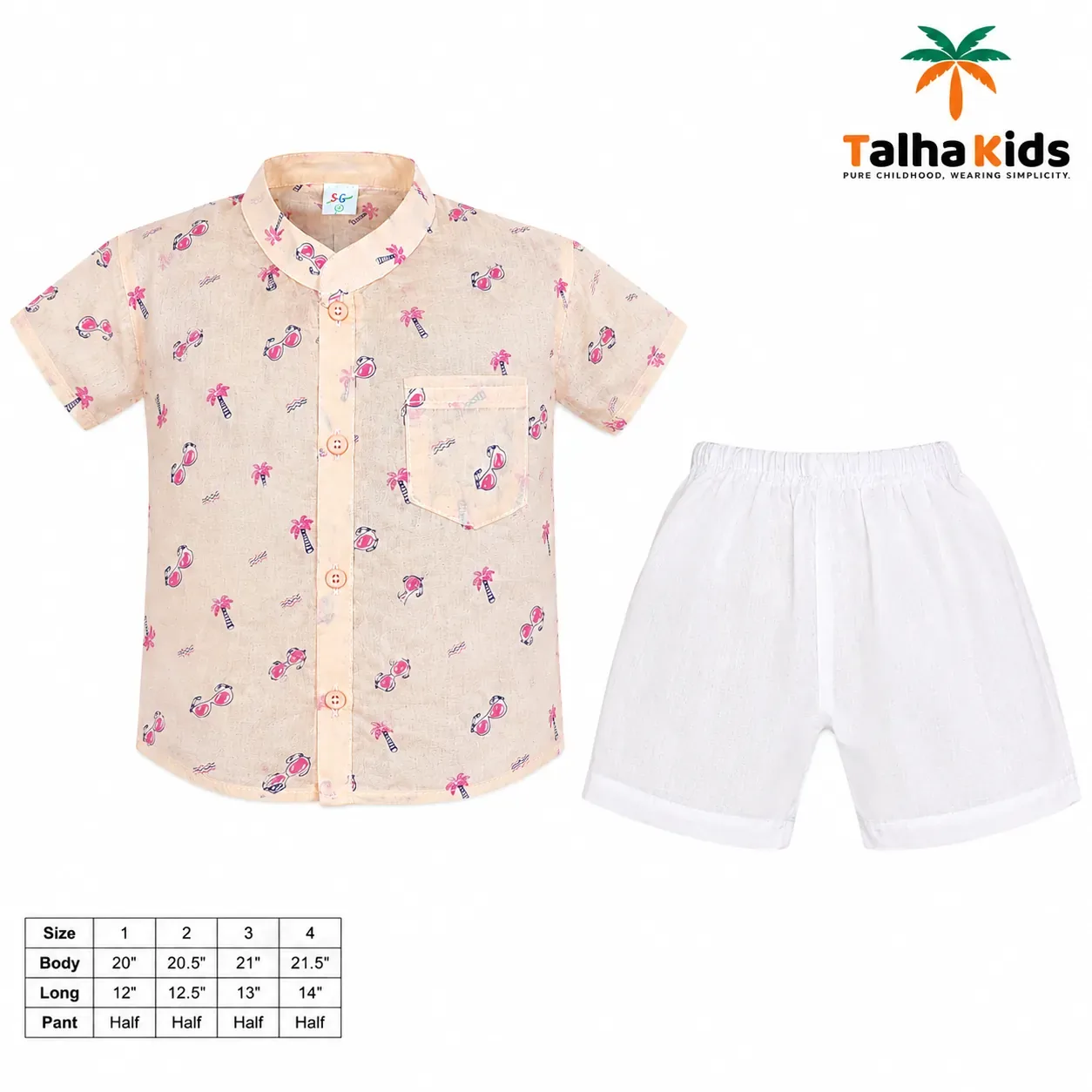 Boys’ Half-Sleeve Fotua Set – Printed Fotua with White Half Pant