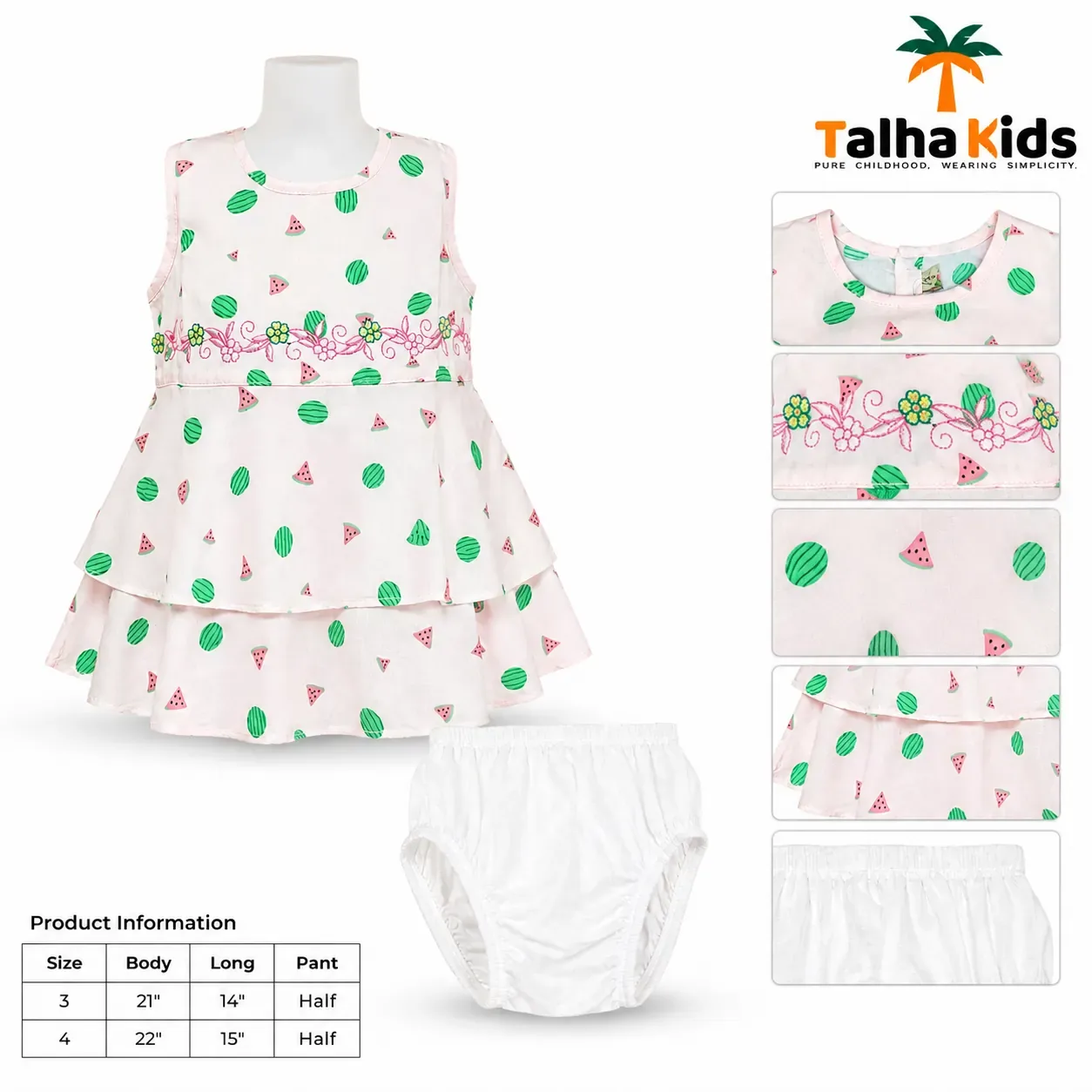 Girls Sleeveless Watermelon Print Frock with Matching White Bloomer