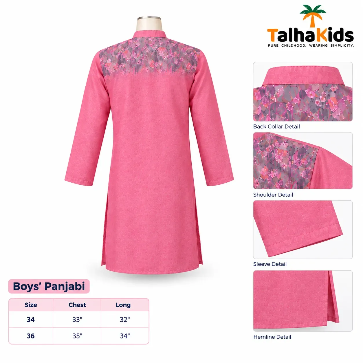Boys' Panjabi – Pink Floral Printed Yoke – 14–16 Years