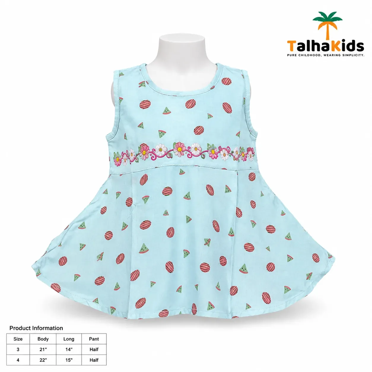 Girls Sleeveless Watermelon Print Frock with Matching White Bloomer