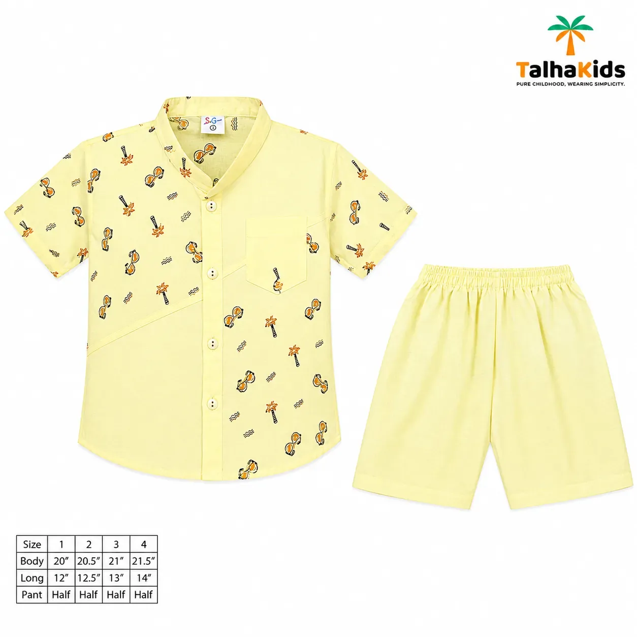 Boys’ Half-Sleeve Fotua Set – Printed Fotua with White Half Pant