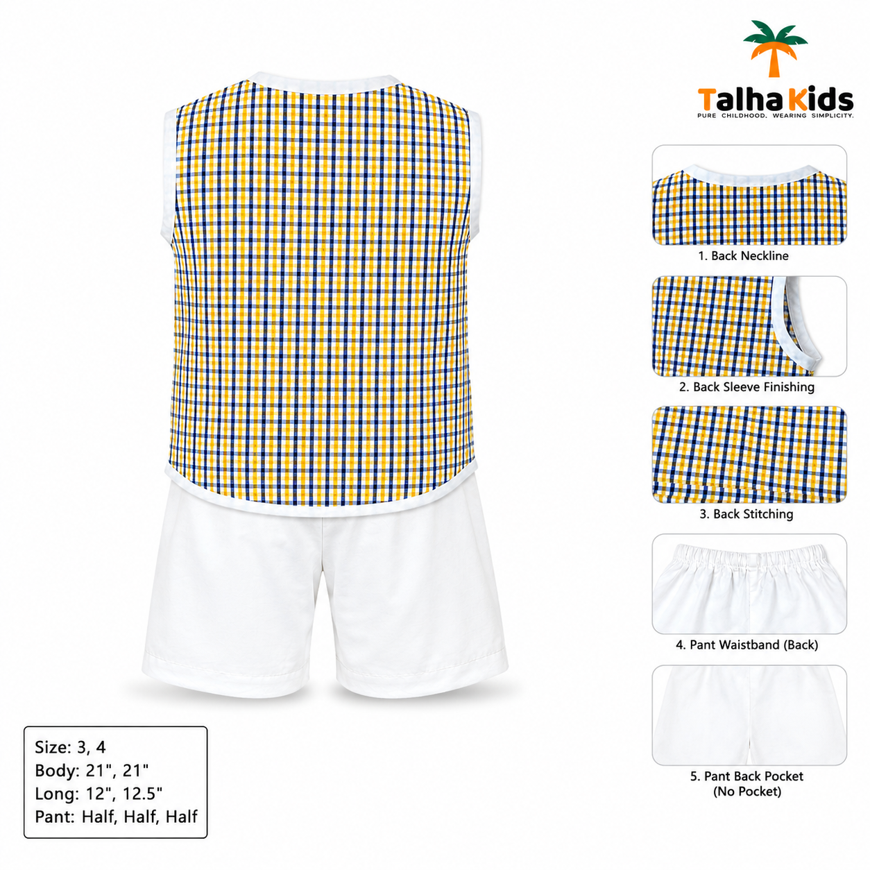 Boys' Checked Sleeveless Fotua Set with White Half Pant | Talha Kids