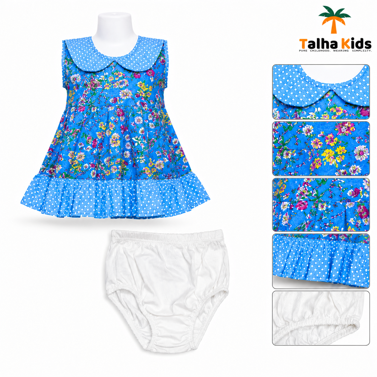 Royal Blue Floral Baby Frock with Polka Dot Collar & Half Pant