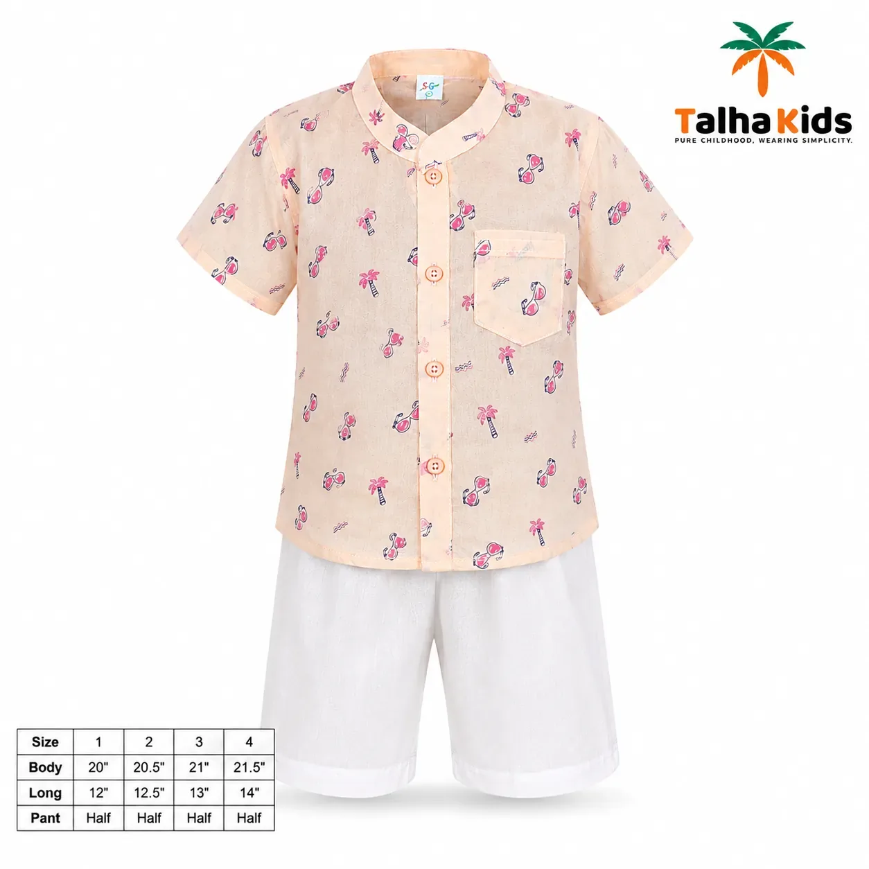 Boys’ Half-Sleeve Fotua Set – Printed Fotua with White Half Pant