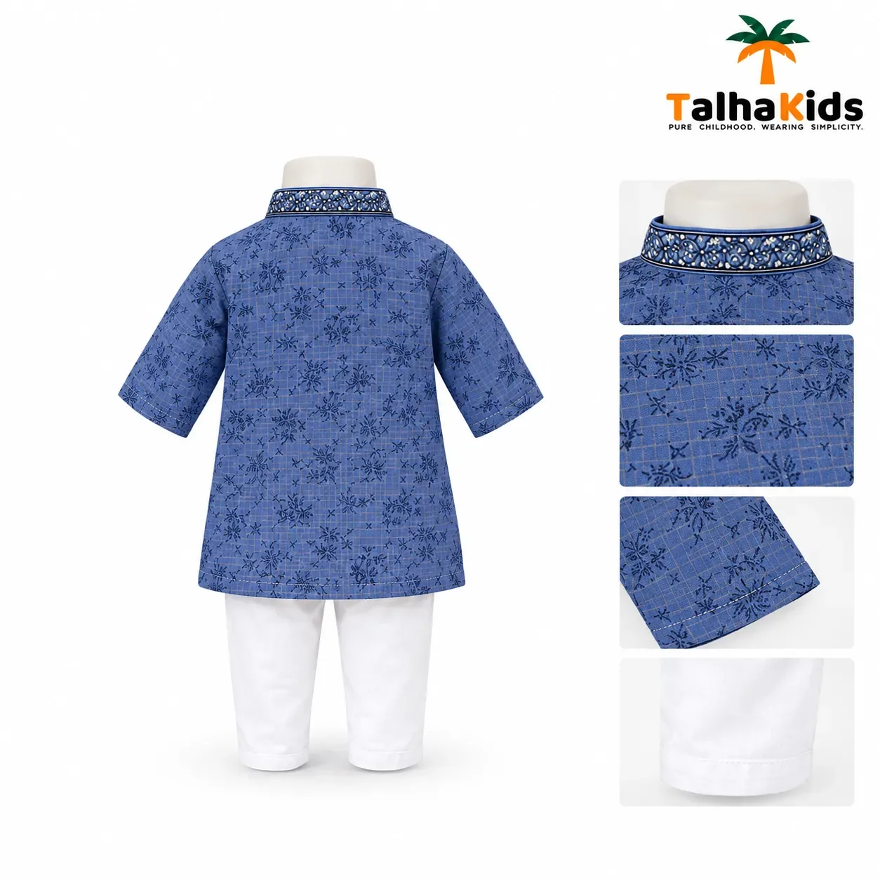 Talha Kids Panjabi & Pajama Set – Blue Printed Panjabi with White Pajama