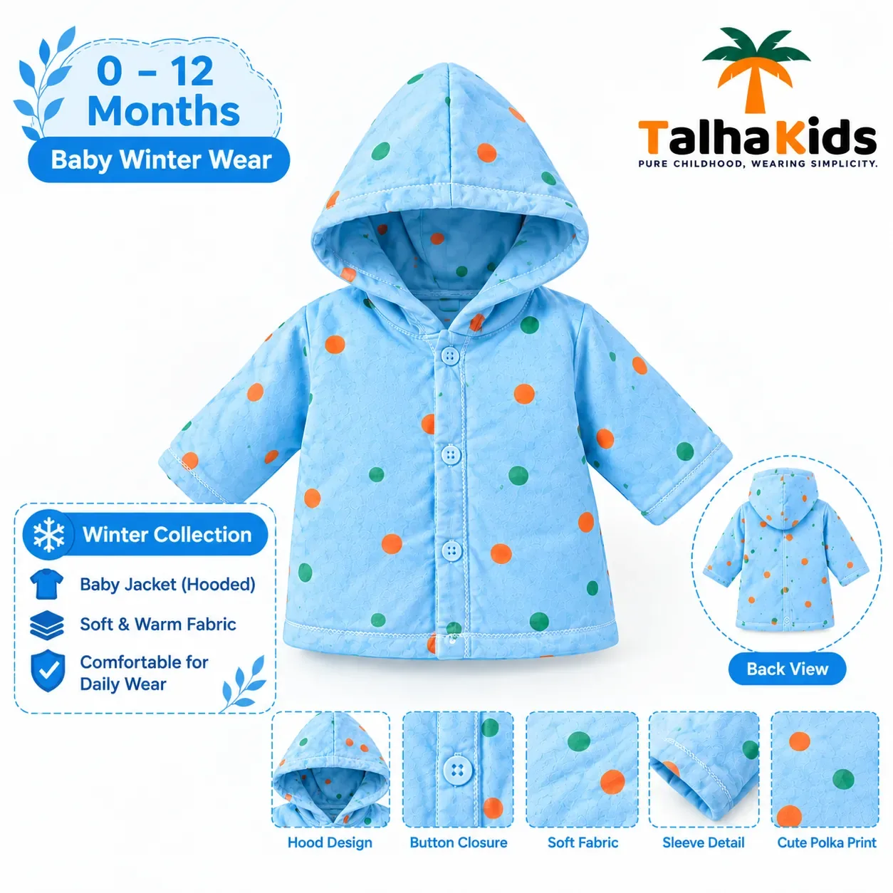 Talha Kids Baby Hooded Velvet Jacket – Polka Dot Print – 0–12 Months