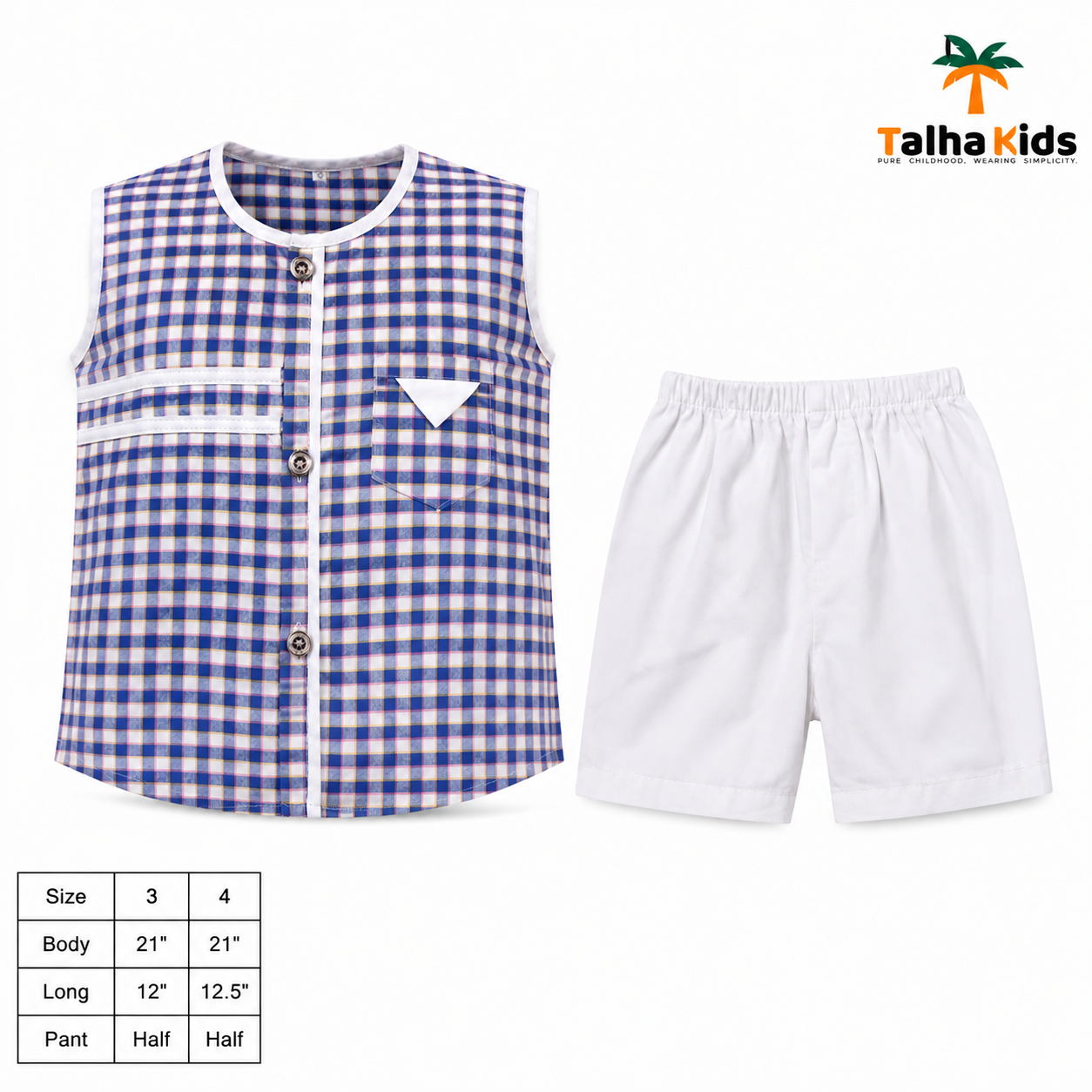 Boys' Checked Sleeveless Fotua Set with White Half Pant | Talha Kids