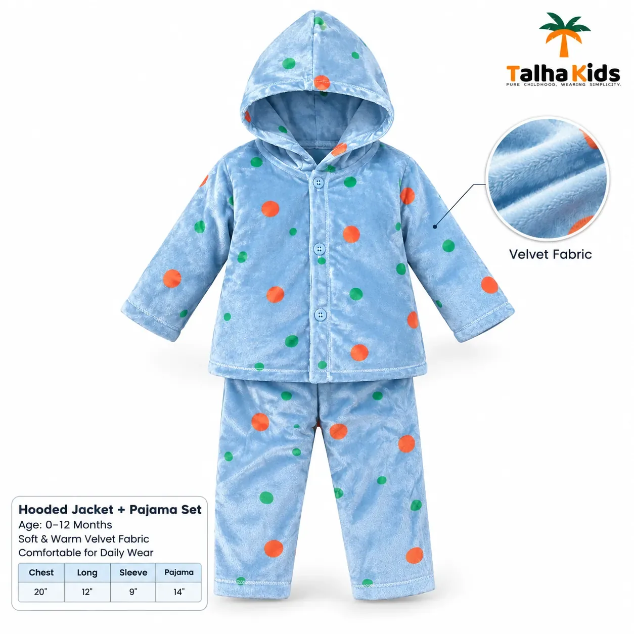 Talha Kids Baby Hooded Velvet Jacket – Polka Dot Print – 0–12 Months