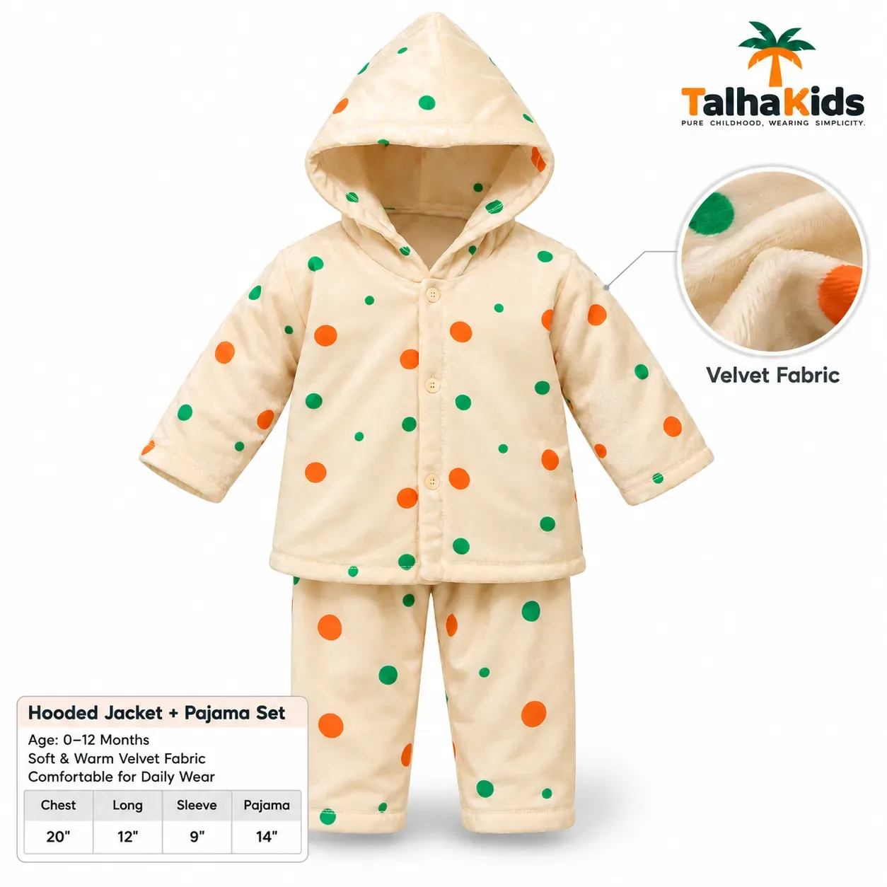 Talha Kids Baby Hooded Velvet Jacket – Polka Dot Print – 0–12 Months