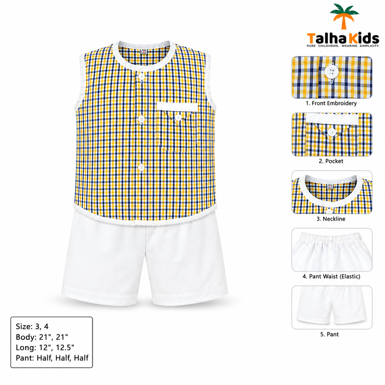 Boys' Checked Sleeveless Fotua Set with White Half Pant | Talha Kids