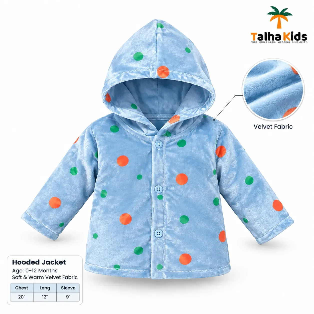 Talha Kids Baby Hooded Velvet Jacket – Polka Dot Print – 0–12 Months