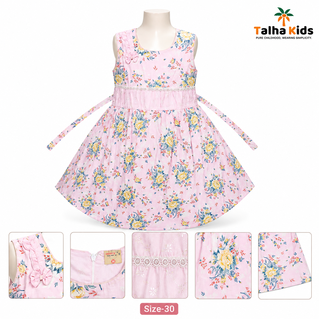Alams Girls Light Pink Floral Sleeveless Frock - Talha Kids