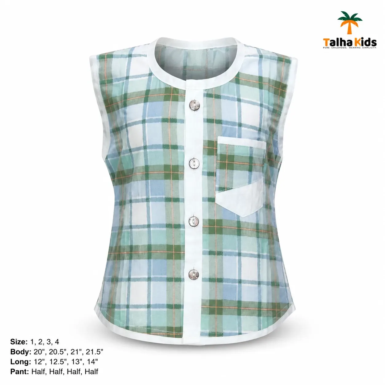 Boys’ Mint Green & Sky Blue Plaid Sleeveless Fotua Set with White Half Pant